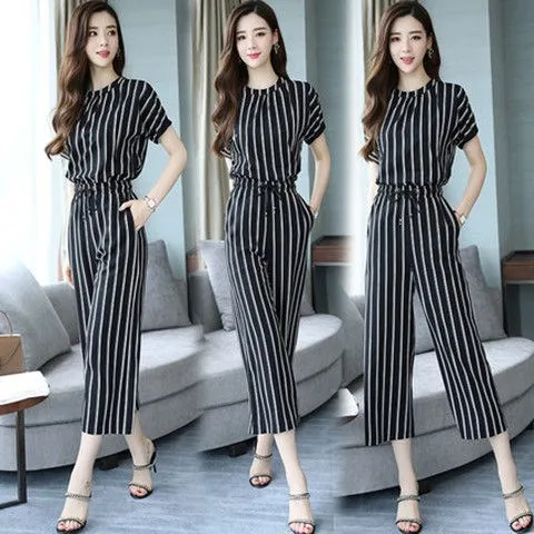 

Short Sleeve Stripes WOMEN'S Suit 2019 Summer New Style Korean-style Slim Fit Slimming Fashion Casual Loose Pants Two-Piece Set