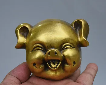 

Chinese Folk Feng Shui Bronze Copper Happly Year Zodiac Pig Head Figurine Statue