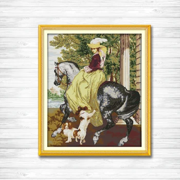 

The lady in the horse girl dog painting counted print on canvas DMC 11CT 14CT Chinese Cross Stitch kits embroider needlework Set