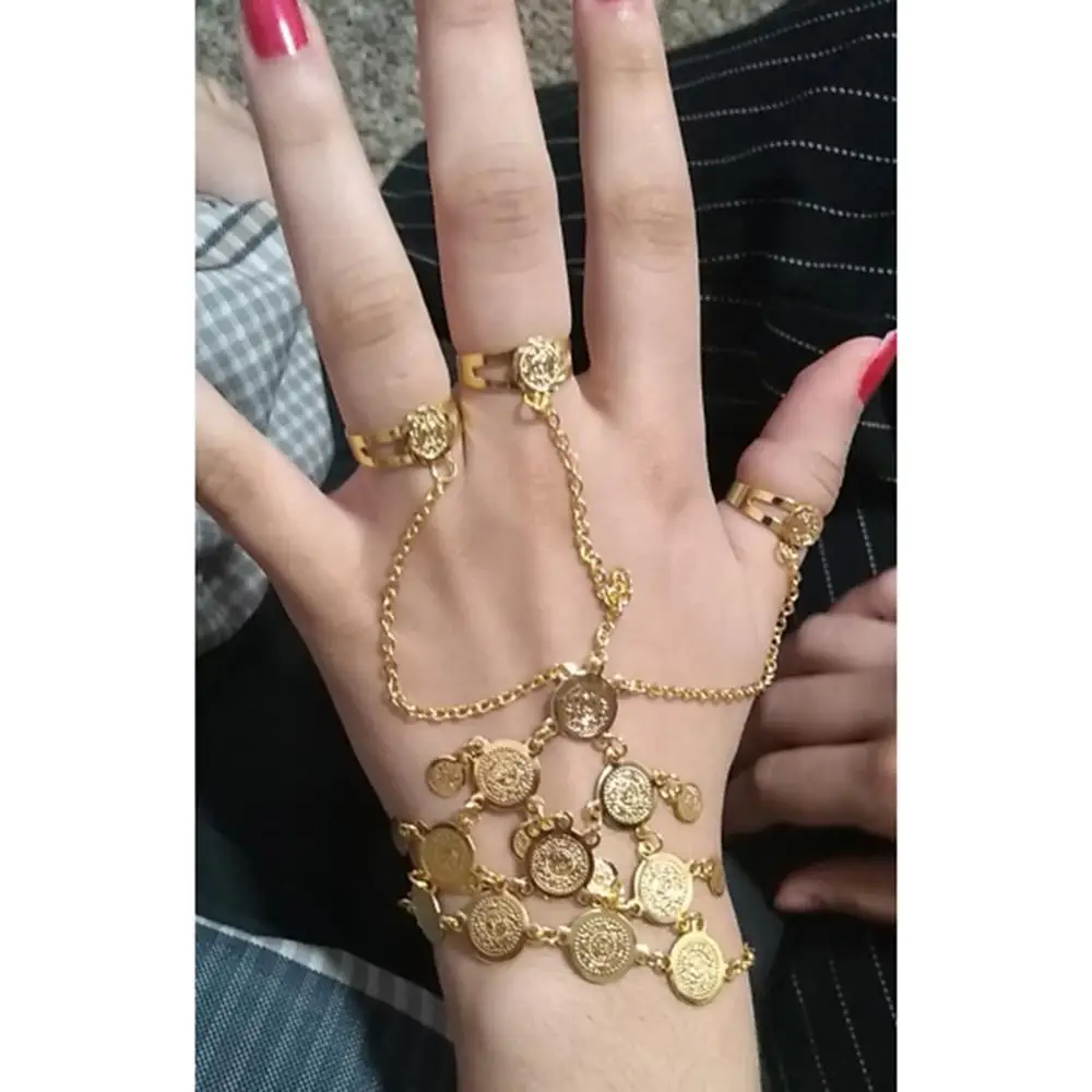 Women Gold Color Coin Bracelet Bangles in chain link Rings Dress Bracelet for Arab Middle East