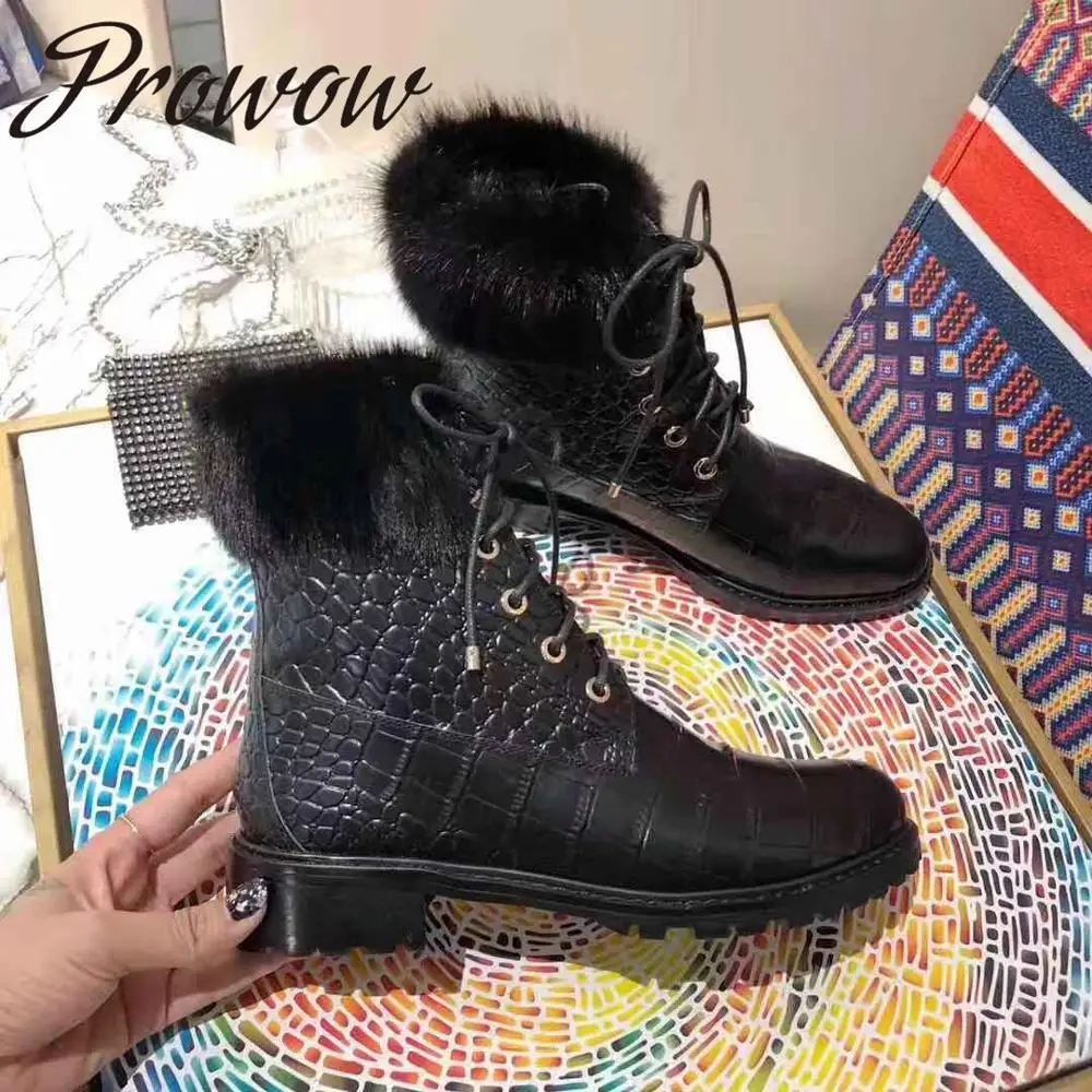 

Prowow New Genuine Leather Real Fur Ankle Boots Round Toe Lace Up Thick Heel leopard Winter Warm Boots Shoes Women