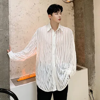 

Men Pleated Design Long Sleeve Loose Casual Stripe Thin Shirt Cardigan Male Women Vintage Streetwear Hip Hop Party Dress Shirts