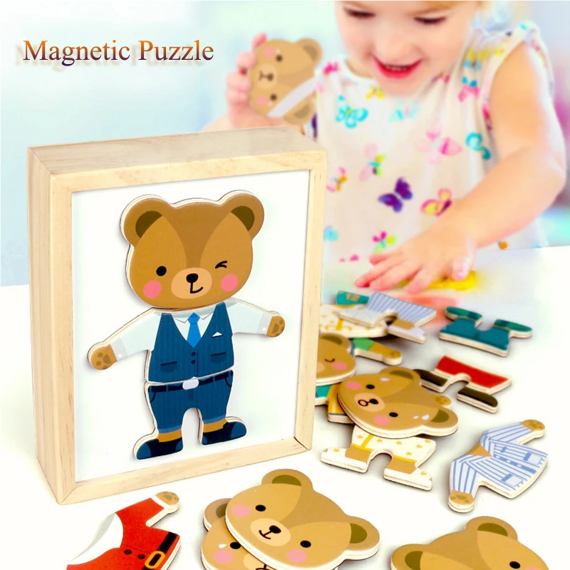 3D Magnetic Animal Puzzles Kids Wooden Toys Bear Dressing Up Jigsaw Games Montessori Educational Imagination Toy Gifts For Kids 2
