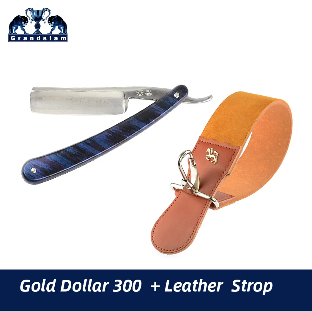 Grandslam, прямая бритва, бритва для бритья, золотой доллар, 208+, кожаный точильный ремень, ремешок для мужчин, Парикмахерская - Цвет: GD300 and Strop