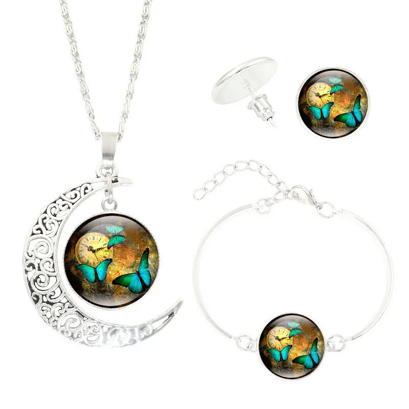 

Hot Sales Vintage Butterfly Time Stone Necklace Bracelets Earings Set Accessories