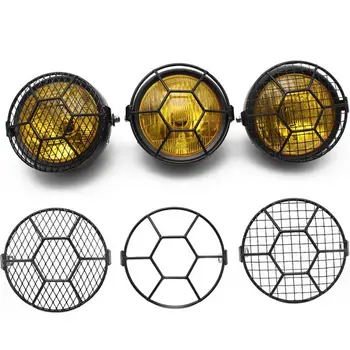 

Motorcycle 12V Hi/Low Bean Yellow Glass LENS Headlight Amber Light+Metal Retro Lampshade Grill Mask Protector Universal Fit