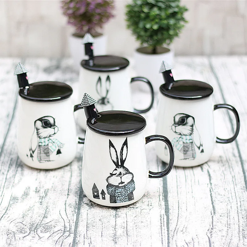 Кружка с рисунком кролика из мультфильма с крышкой-ложкой, креативная фарфоровая кофейная латте кружка с принтом чайная чашка керамическая чайная чашка посуда для воды