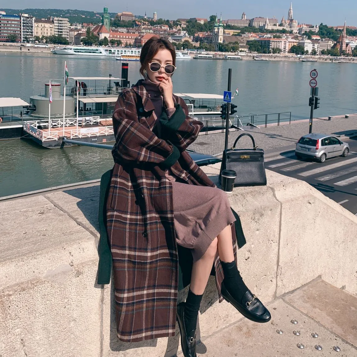 

Photo Shoot CHIC Wool Retro Plaid Mid-length Suit Collar Double Breasted Waist Hugging Lace-up Woolen Cloth Coat Women's