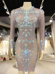 Sparkly  Rhinestones See Through Long Sleeve Afrcan Short Dress Women Birthday Celebrate Party Dress Prom Outfit Bar Nightclub