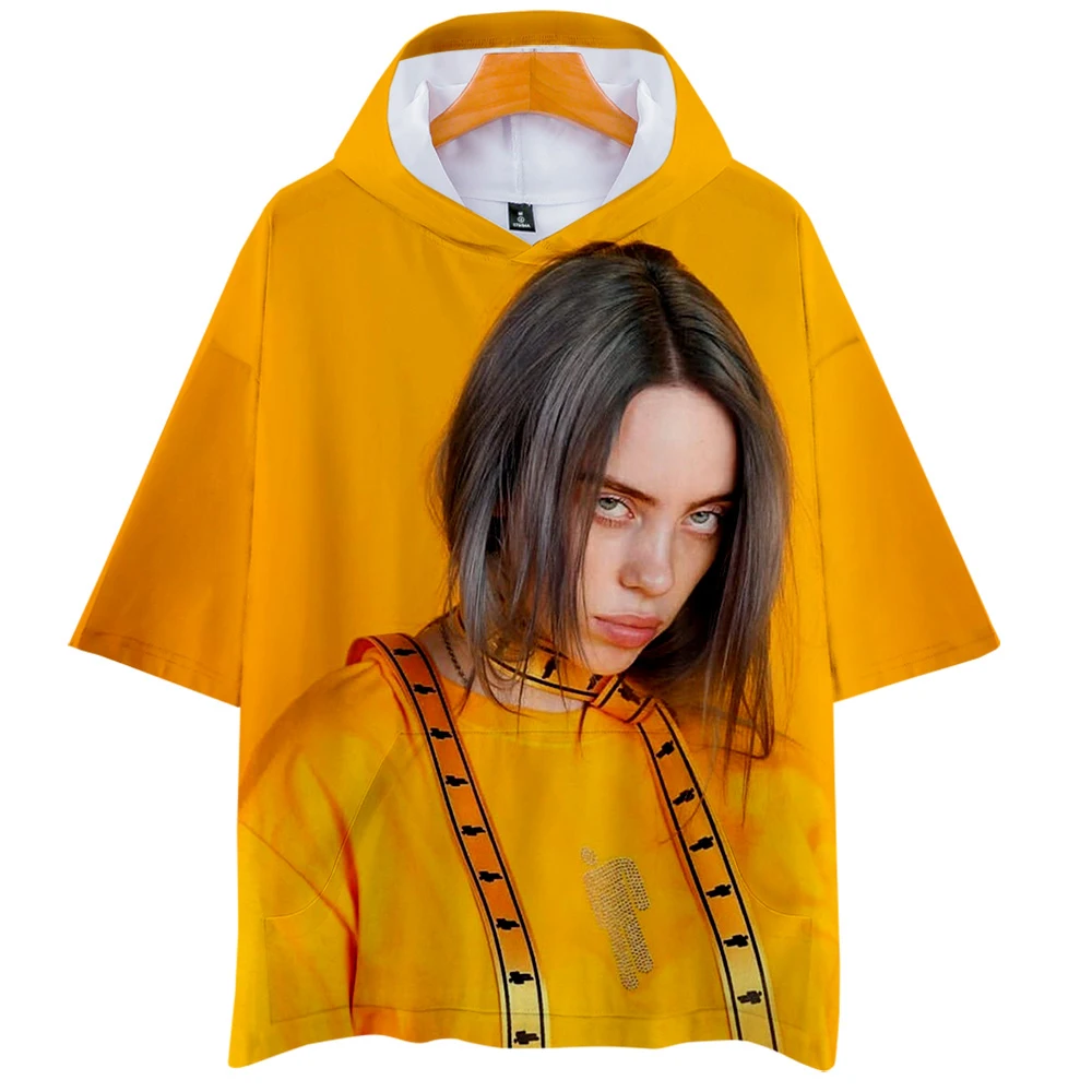 Billie Eilish футболка с капюшоном Женская/мужская летняя/Весенняя новая футболка Свободная крутая дышащая футболка с коротким рукавом с капюшоном модная футболка в стиле панк