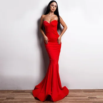 

Red Lady Ruffles Mermaid Formal Party Dress Elegant Strapless Vestidos De Festa Sexy Backless Trailing Prom Gown Robe De Soiree