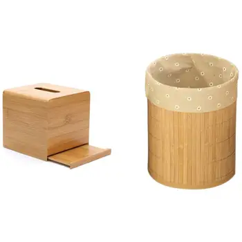 

Bamboo Simple Tissue Box Living Room Household & Bamboo Trash Can Foldable Waste Paper Bas Trash Can