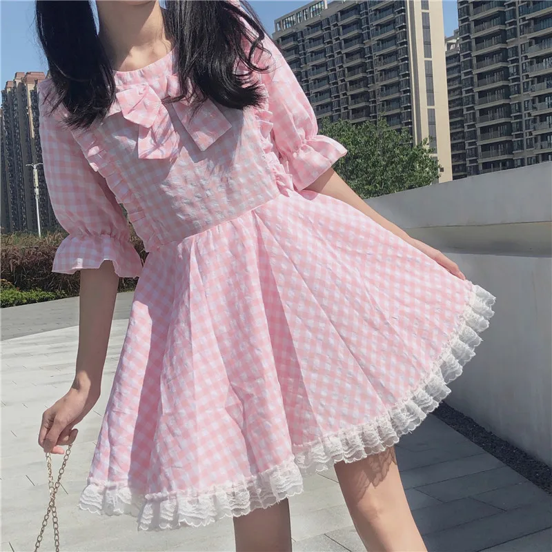 Japanese Summer New Kawaii Soft Girly Pink Plaid Dress Sweet Bow Cute Lace Ruffles Puff Sleeve Dress Lace Up Bow Loose Dress