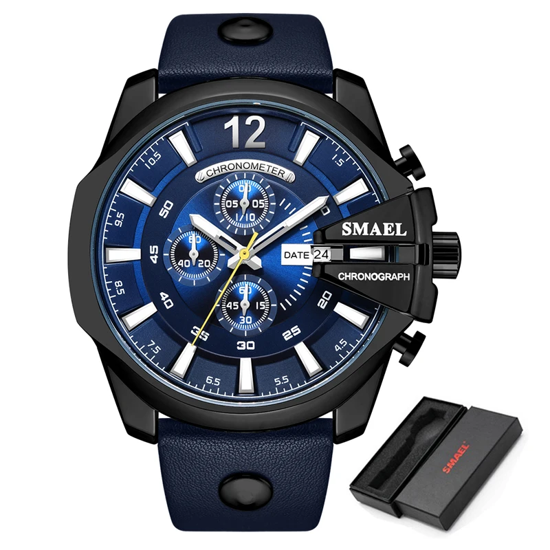 Black Blue SMAEL, модные часы с большим циферблатом, мужские Водонепроницаемые кожаные часы, спортивные кварцевые мужские часы, Роскошные, 24 часа, дата, военные наручные часы - Цвет: Black Blue
