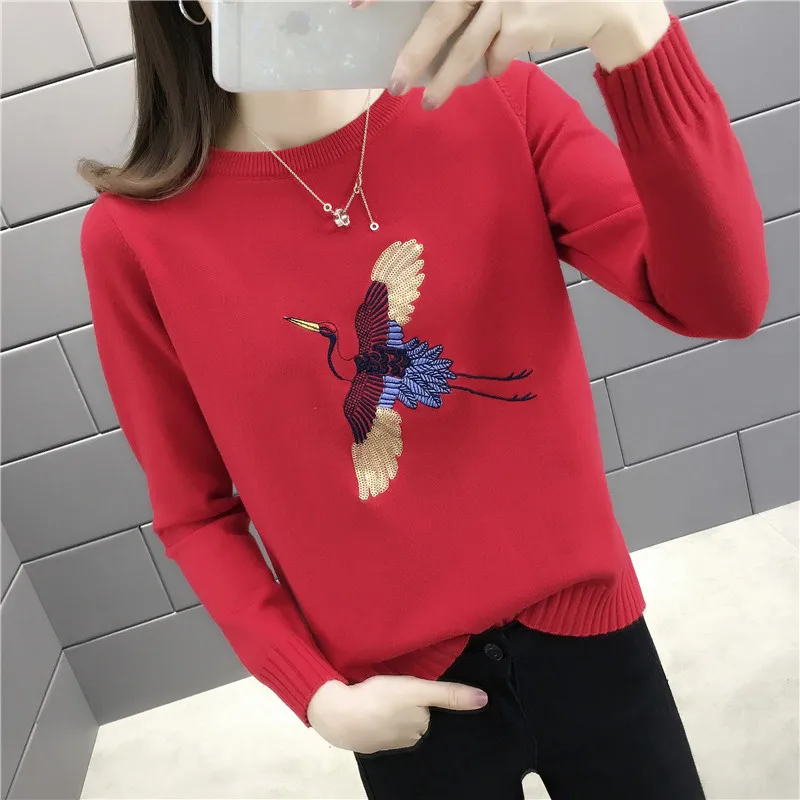 

5336 (Zhongfang 3 rows 1) Autumn dress new round collar sequins embroidered knitted sweater Pullover 39ff