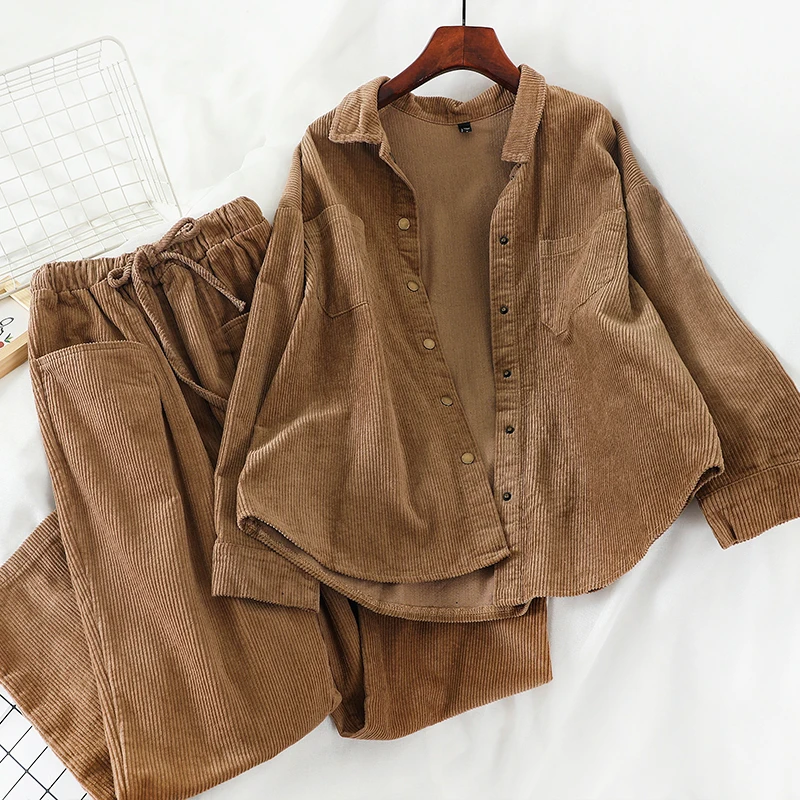 Women Winter Corduroy 2 Piece Set Casual Vintage Streetwear Solid Blouse Shirt High Waist Long Pants Green Beige Black Warm Sets |