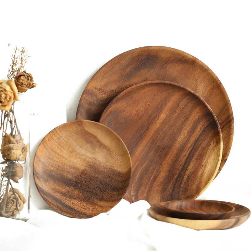Round Solid Wood Board Acacia Wood Fruit Plate Saucer Tea Plate Dessert