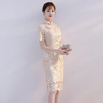 

FZSLCYIYI Chinese Women Lace Sexy Floral Short Qipao Vintage Elegant Casual Cheongsam Lady Handmade Button Quality Dress