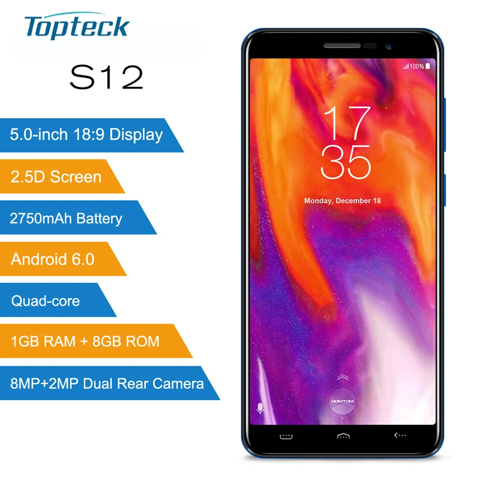 HOMTOM S12 полный Экран мобильный телефон 1 Гб + 8 5 0 дюймов Android 6 4 ядра 8MP 2MP Сзади