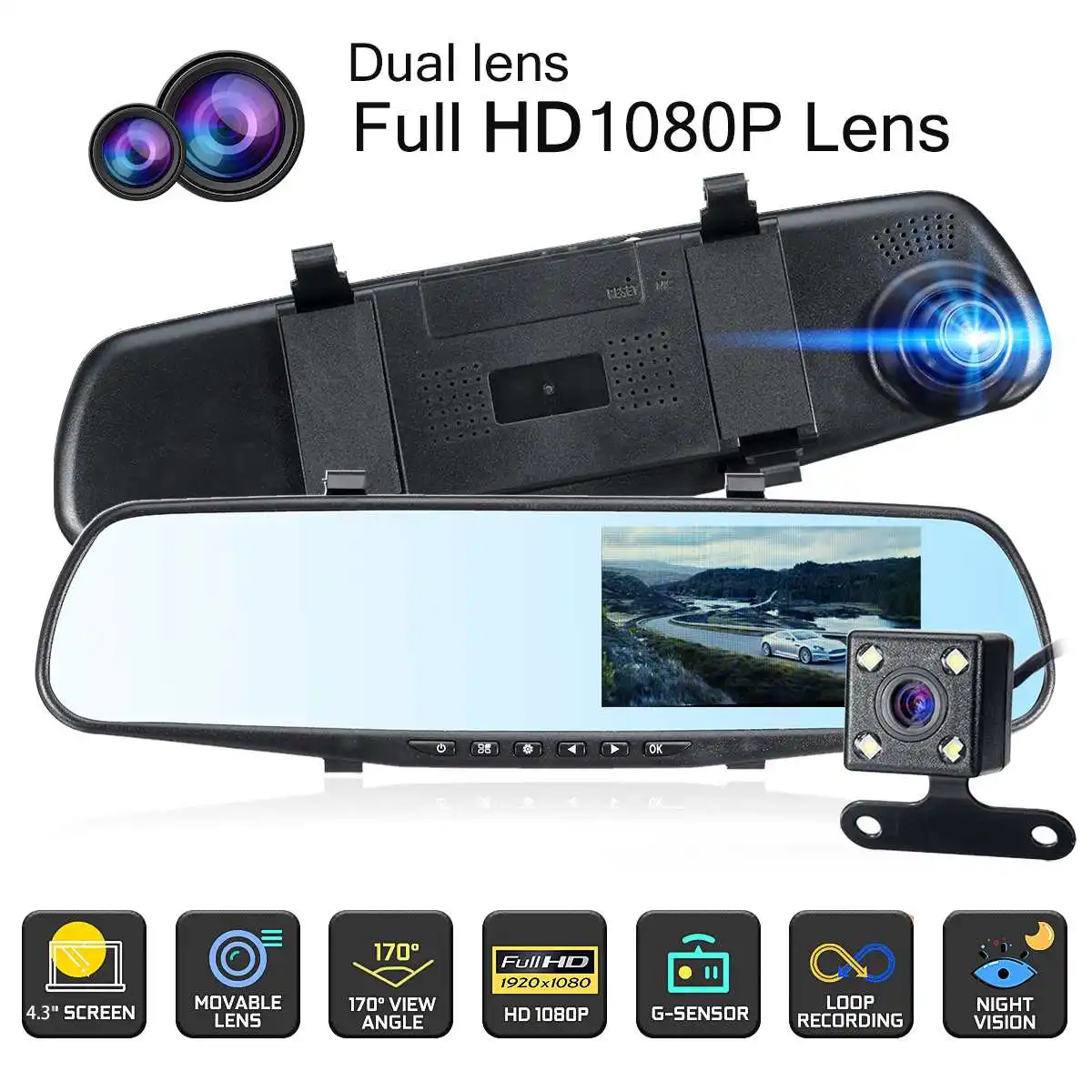 

4.3 Inch Dual Lens 1080P Car DVR Dash Cam Video Recorder Rear View Mirror Camera