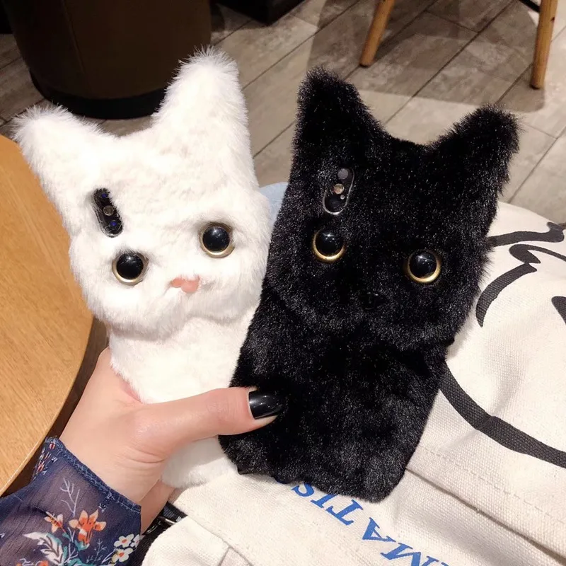 Tfshining Winter Plush Cute Cat Phone Case For Apple iphone X XS Max XR 8 7 6 6S Plus Soft Silicone TPU Full Hair Fur Case Coque (7)