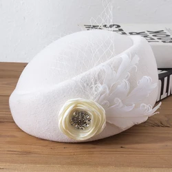 Winter Wool Hat for Women White Black Wedding Party Foral with Rhinestone Luxury Headpiece tocados para novia tocado novia boda