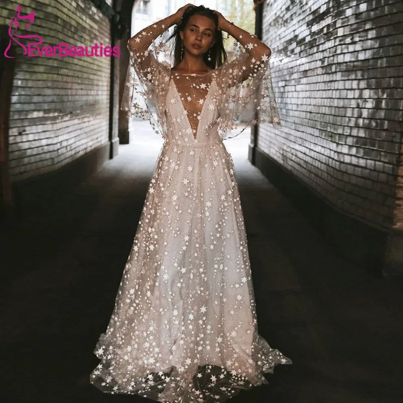 

Beach Wedding Dress 2019 Shiny Stars A-line Boho Bridal Dress Backless Summer Bridal Gowns
