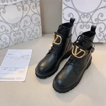 

2020 high-top v-buckle lace-up ankle boots mid-heel non-slip fashion sports women's shoes thick-soled wild Martin boots