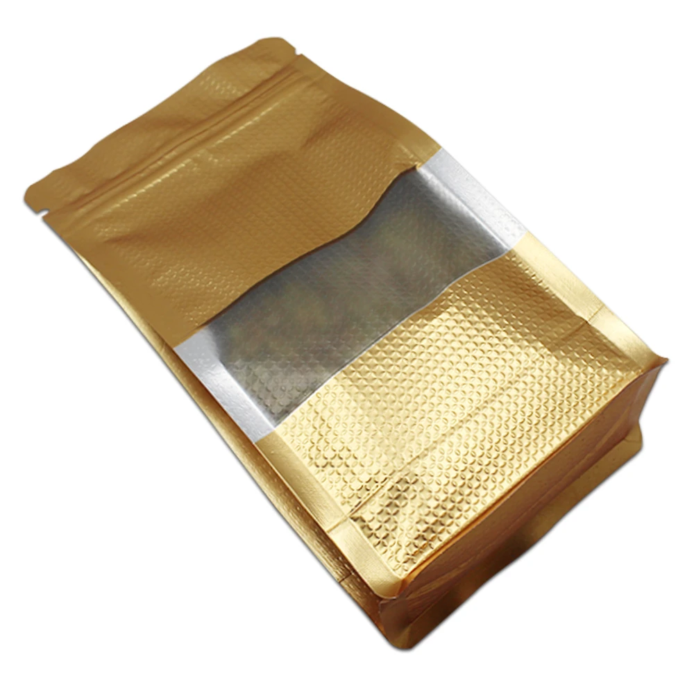 

400Pcs/Lot DHL Golden Zip Lock Self Seal Clear Window Pack Bag Zipper Aluminum Foil Embossed Organ Pouch for Nut Bean Snack Food