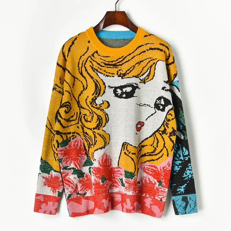 Runway Oversized Sweater Autumn Winter Cartoon Beauty Jacquard Knit Sweater Lazy Wind Sweater Loose Pullover Sueter Mujer