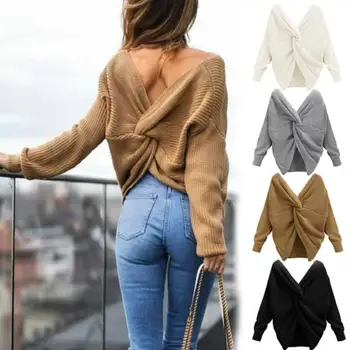 

Autumn winter Sweater Women Pullovers Long Sleeve casual warm Sweater V-neck Halter Cross Knotted Knit Long Sleeve Sweater