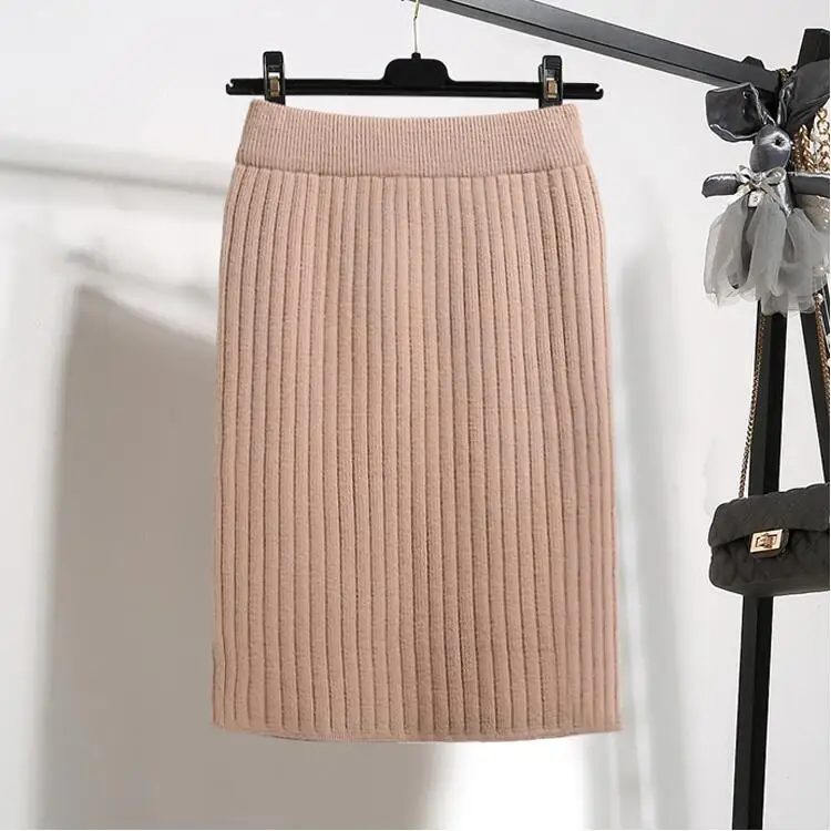Light tan stripe63cm Модная осенне-зимняя трикотажная Женская юбка в Корейском стиле, высокая талия, тонкая эластичная прямая юбка, утолщенная Сексуальная посылка, юбки в бедрах 3122 - Цвет: Light tan stripe63cm
