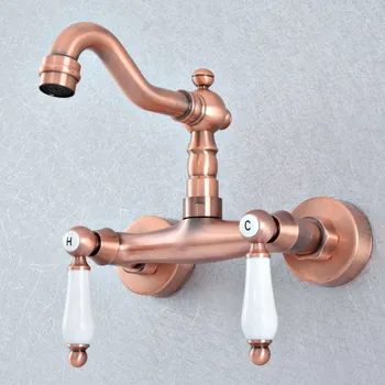 

Antique Red Copper Brass Wall Mounted Kitchen Wet Bar Bathroom Sink Faucet Swivel Spout Mixer Tap Dual Ceramic Handles asf901