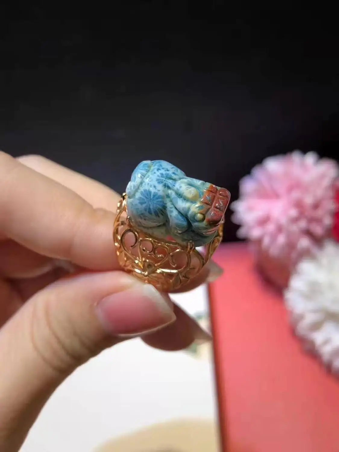 

s925 silver natural ammonite coral jade ring precious rare beautiful blue big gemstone animal pig rabbit brave The collection