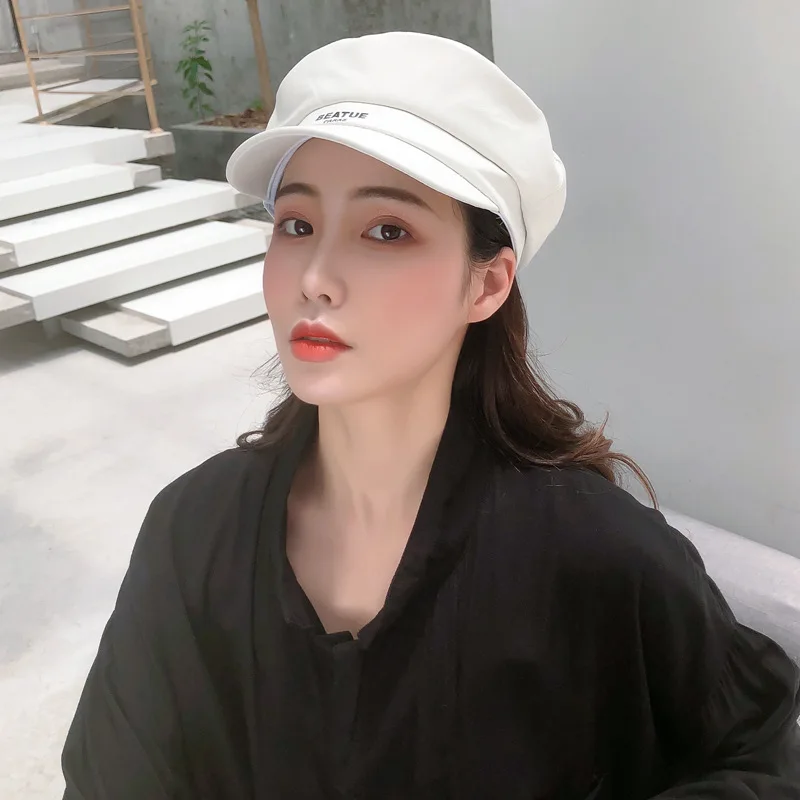 

Online Celebrity PU Leather Octagonal Cap Children Spring And Autumn Beret Korean-style Navy Cap Versatile England Painter Cap N