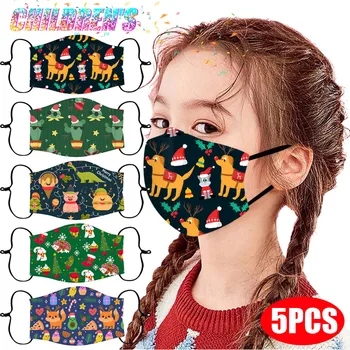 

5PCS Children Christmas Print Breathable Face Mask Mouth Mask Reusable Washable Mouth Cover Cloth Face Shield Windproof Masque