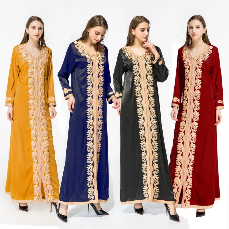 

Women Abaya Maxi Long Sleeve Long Vintage Dress Embroidery Moroccan Kaftan Islamic Clothing Muslim Dress Floor Length Vestidos