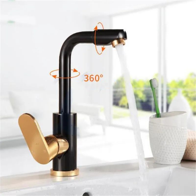 Смесители для раковины, черный с золотом кран для ванной комнаты, кран для горячей и холодной воды, вращающийся на 360 градусов, смеситель для туалетной раковины, краны