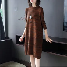 Трикотажное платье, осенняя одежда для женщин, стиль, высокий воротник, длинный рукав, свободный крой, элегантный свитер средней длины выше колена, S