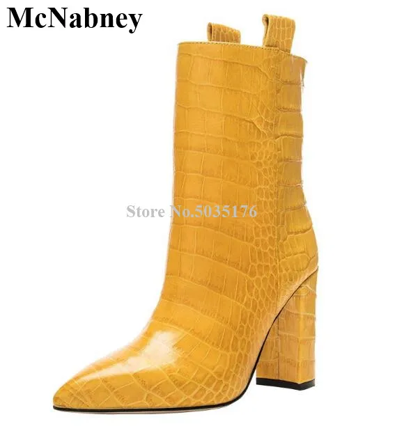 

McNabney Women Short Boots Stone Pattern Slip-On Thick High Heel Pointed Toe Mid-Calf Ladies Boots Fashion Solid Women Shoes