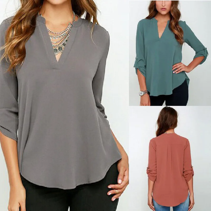 Otoño de las mujeres con cuello en V de gasa blusa manga 3/4 mujer de camisa Casual de gran tamaño femenina Camisas Blusas de talla grande