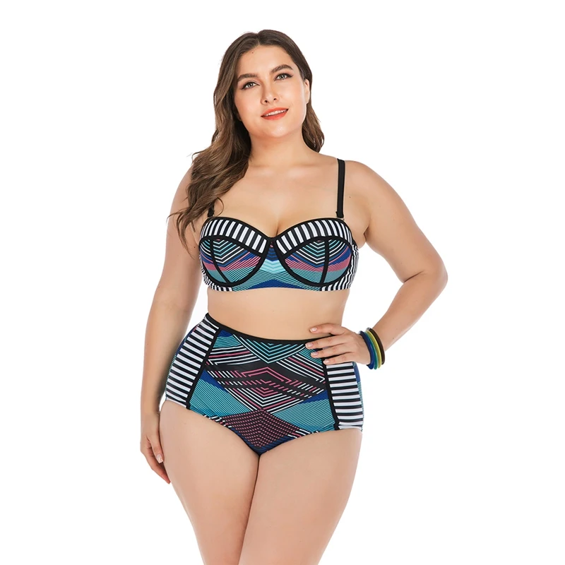 

Hot Sale Plus Size Swimsuit Women Tankini Patchwork Strappy High Waist Swimwear Bikini Top Bottom Lady Beach Swimming Suit