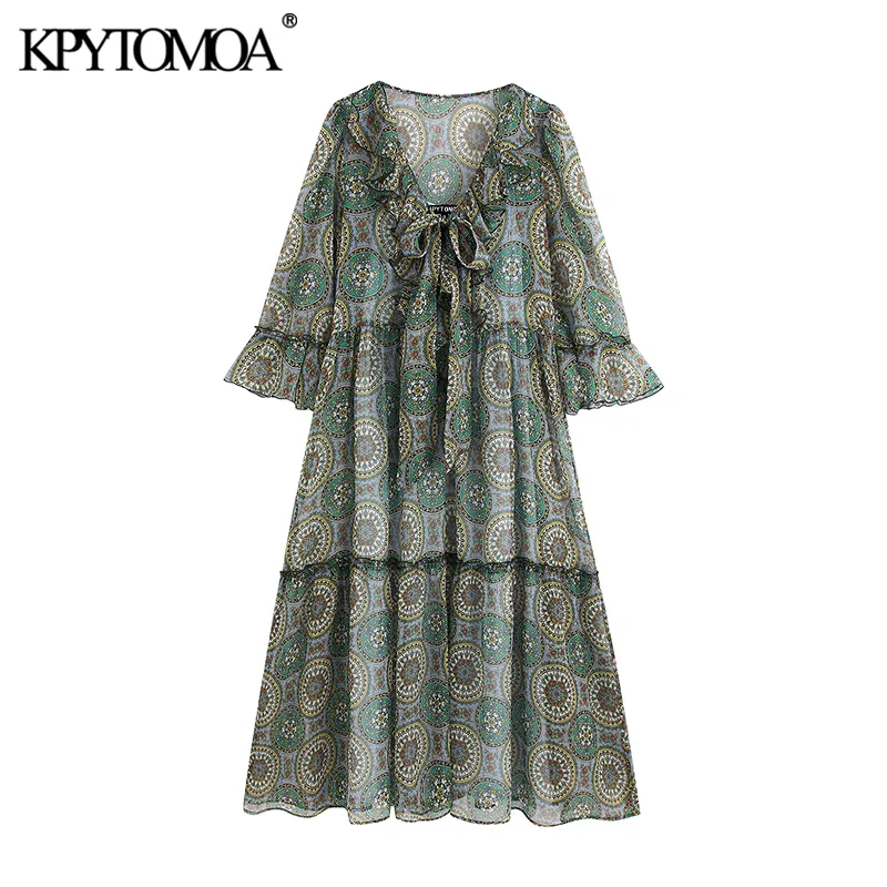 KPYTOMOA Women 2020 Chic Fashion Floral Print Ruffled Midi Dress Vintage V Neck Three Quarter Sleeve See Through Female Dresses KPYTOMOA Women 2020 Chic Fashion Floral Print Ruffled Midi Dress Vintage V Neck Three Quarter Sleeve See Through Female Dresses