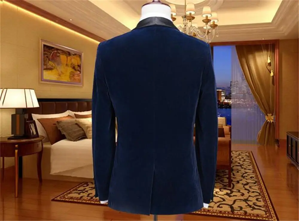 Черный бархатный мужской костюм шаль лацкан s Slim Fit 2 шт (куртка + брюки) для свадьбы