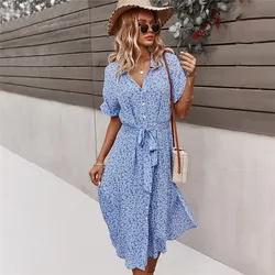 Vestido de vendaje floral para mujer, prenda de manga larga con botones y pantalón corto, estilo casual, uso compatible en primavera, vacaciones de verano, nuevo, 2021