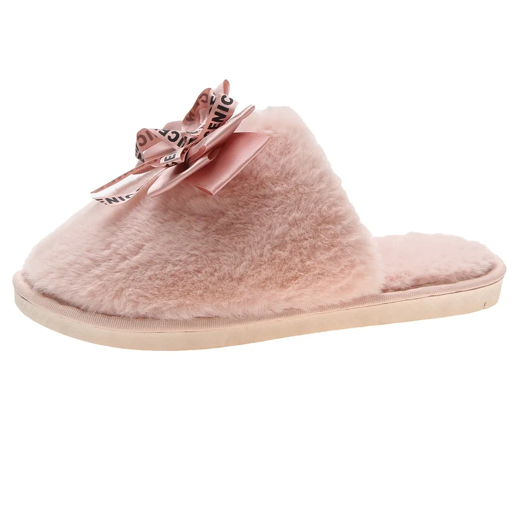 

SAGACE Home Women's Slipper Winter Bow Non-Slip Flat Closed Toe Short Plush Casual Shoes women slipper House Slippers feminino