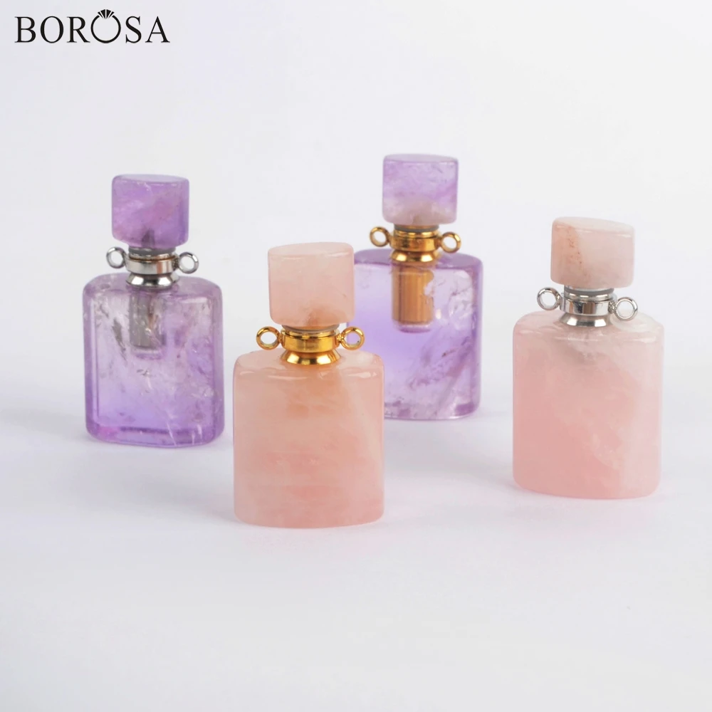 BOROSA Stone Perfume Bottle Pendant 3Pcs Amethysts Rose Quartzs Gems Essential Oil Bottle Connector for Necklace Wholesale Gift