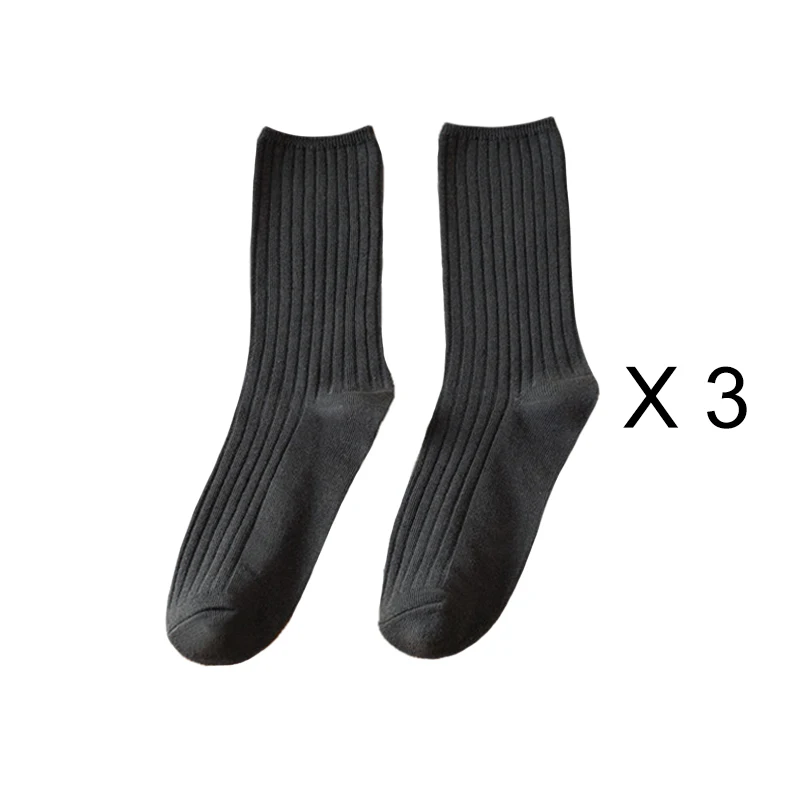 Elegant Retro Solid Color Long Cotton Socks for Women - 3 Pairs/Lot, Breathable Japanese Style Casual Wear