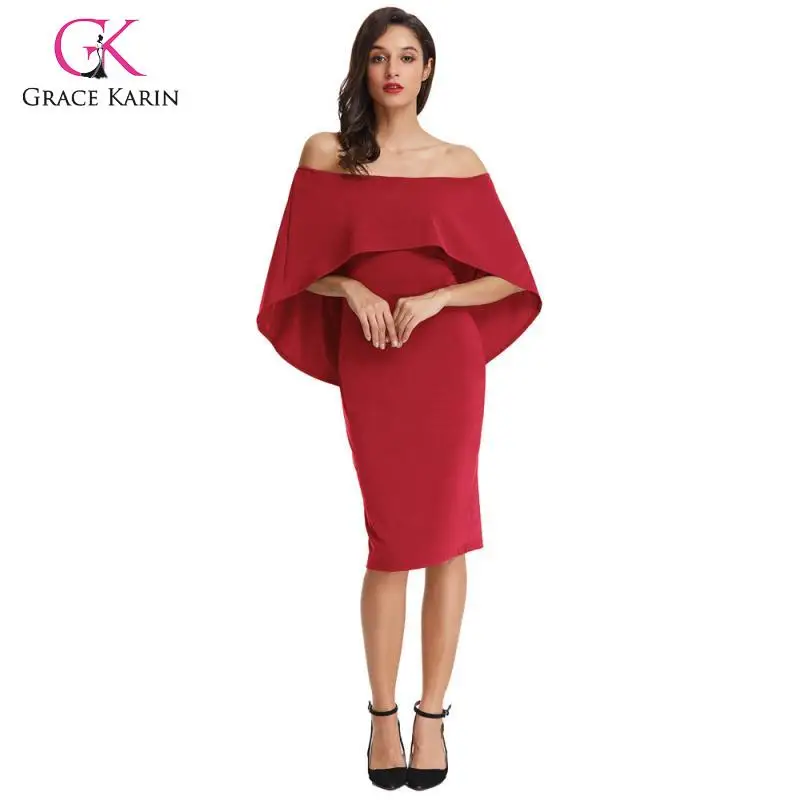 

Grace Karin Elegant Women Off Shoulder Pencil Dress Office Lady Work Party Dress Summer Overlay Capelet Sexy Bodycon Dress Femme