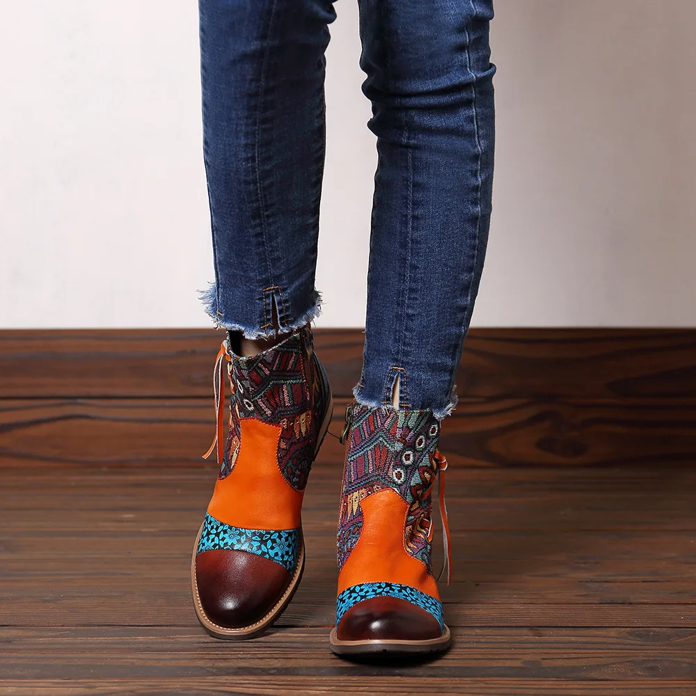 Г., новая женская обувь новые цветные кожаные женские жаккардовые ботинки на среднем каблуке ковбойские ботильоны